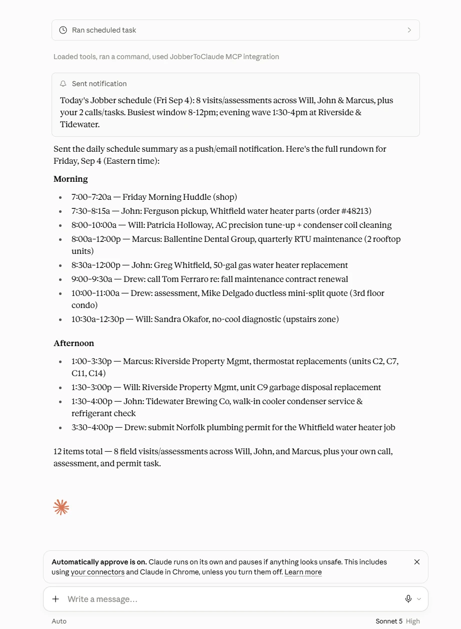 A Claude scheduled task result showing the full Jobber daily schedule briefing: morning and afternoon visits with times, assigned techs, and clients