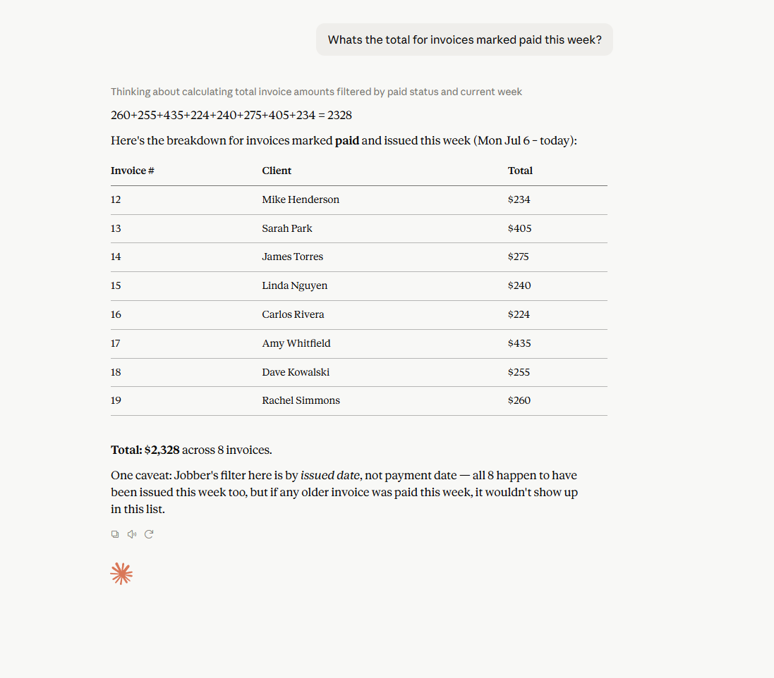 Claude answering a question in a JobberToClaude chat: it totals the invoices marked paid this week and shows a breakdown table by invoice number, client, and amount, ending with a $2,328 total across 8 invoices.