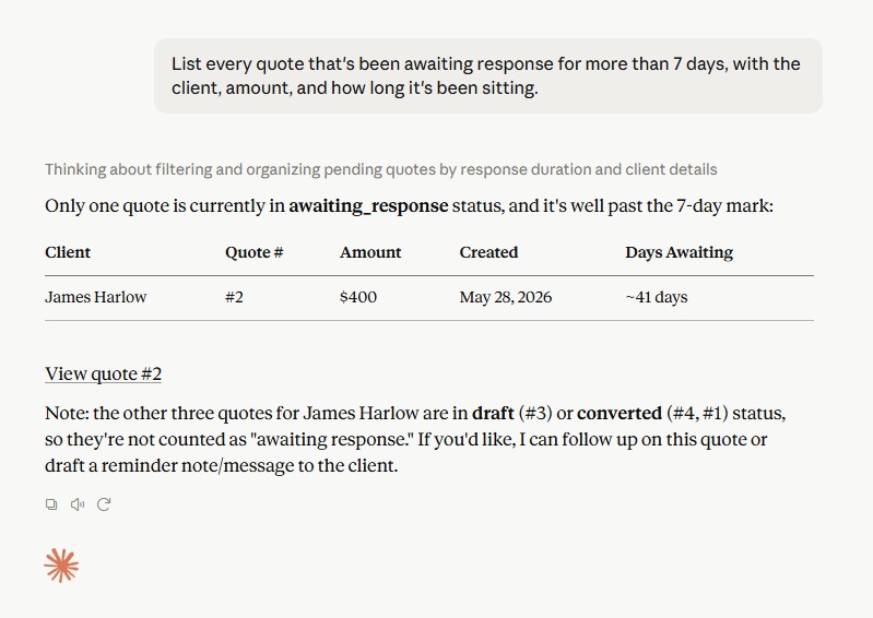 Claude listing Jobber quotes awaiting response for more than 7 days with amounts